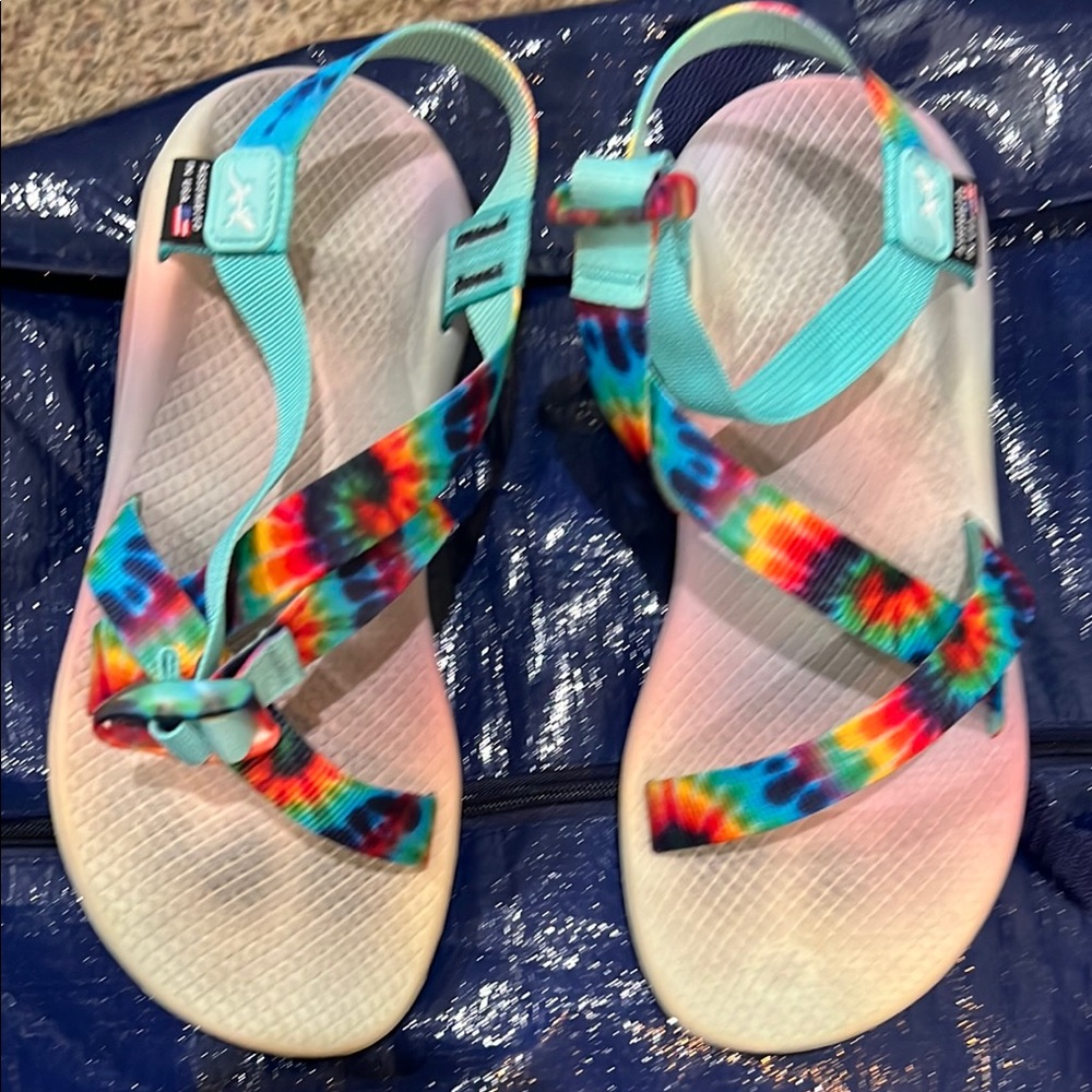 Vibrant Tie-Dye Sandals with Aqua Straps